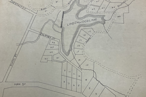 Map "T. Peden Anderson's Lindenwood Lake Property Highlands, NC, Survey completed May 10, 1924" by J. Q. Pierson Surveyor, (John Quincy, 1881-1956) Map "T. Peden Anderson's Lindenwood Lake Property Highlands, NC, Survey completed May 10, 1924" by J. Q. Pierson Surveyor, (John Quincy, 1881-1956)