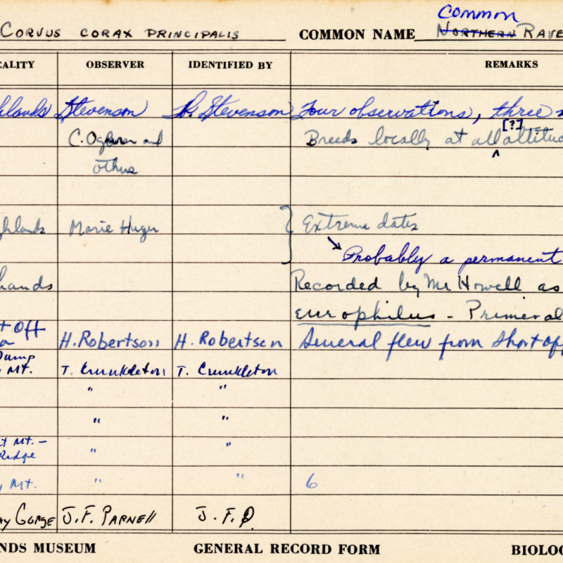 HBS observation, or biota, cards documenting sightings in the Highlands area.
