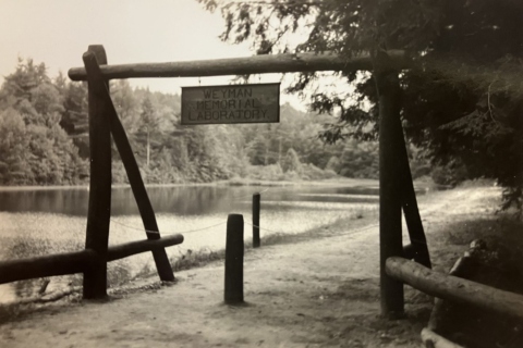 Weyman Memorial Laboratory Sign on Lindenwood Lake Spillway Tom Fitz Patrick, Director of Highlands Museum, 1942 Weyman Memorial Laboratory Sign on Lindenwood Lake Spillway Tom Fitz Patrick, Director of Highlands Museum, 1942