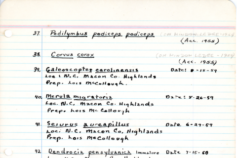 Highlands Biological Station Museum Accession Book showing the raven’s accession record.