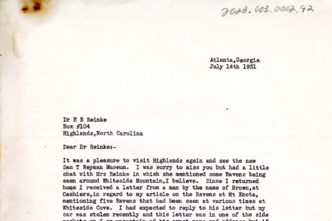 Letter from Earle R. Greene referencing ravens near Whiteside Mountain.