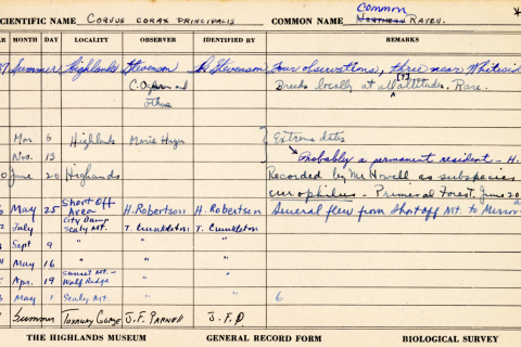 HBS observation, or biota, cards documenting sightings in the Highlands area.