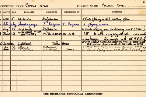 HBS observation, or biota, cards documenting sightings in the Highlands area.