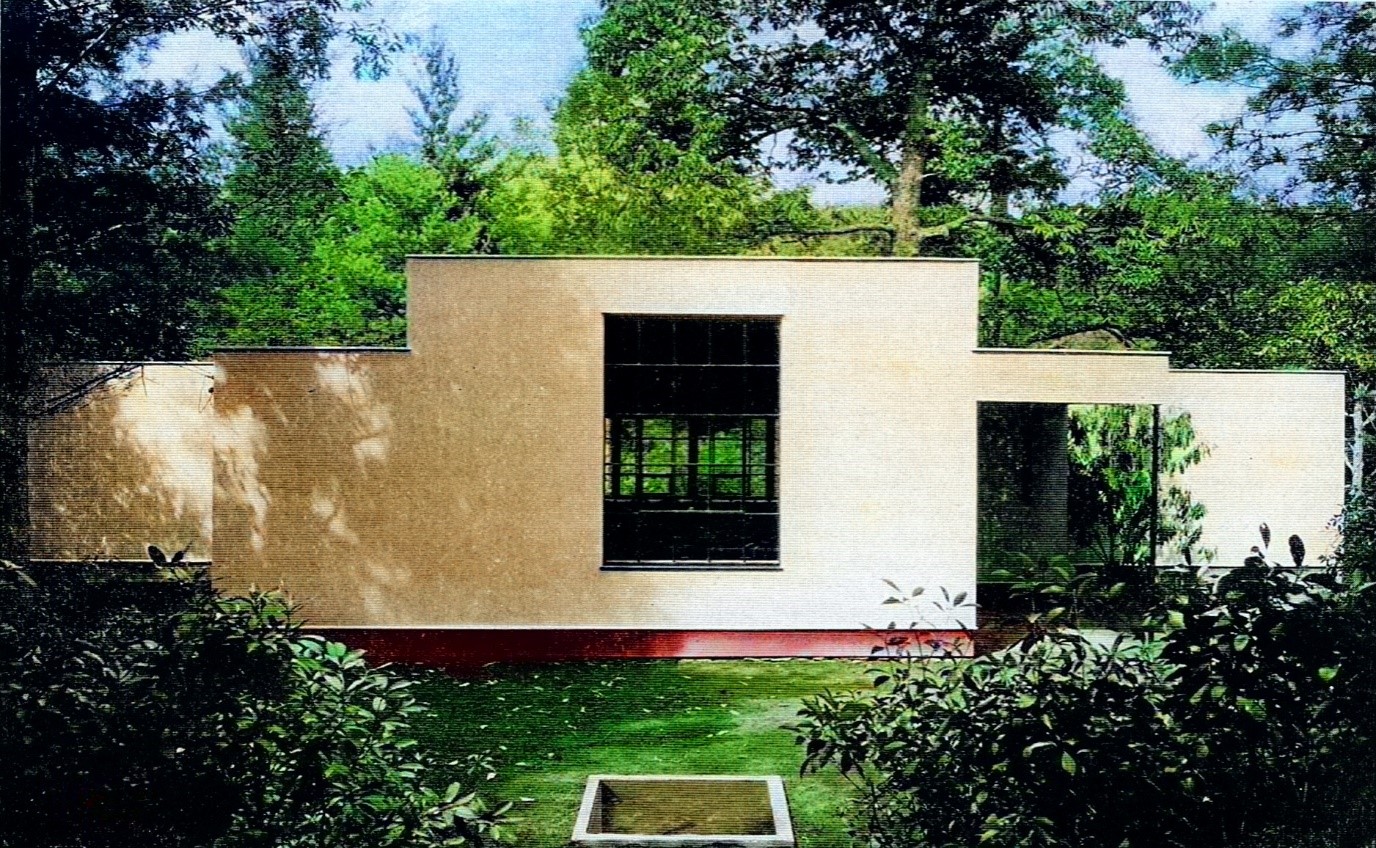 A colourisation by Leslie Costa of a 1931 photograph of the Weyman building, showing the pale yellow walls and mahogany red trim described in the record.