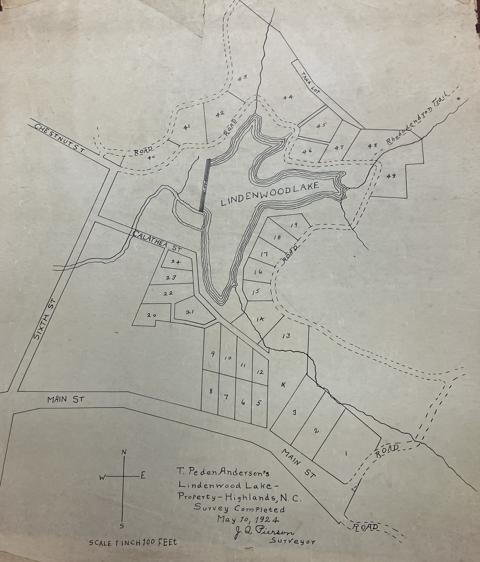 Map "T. Peden Anderson's Lindenwood Lake Property Highlands, NC, Survey completed May 10, 1924" by J. Q. Pierson Surveyor, (John Quincy, 1881-1956) 