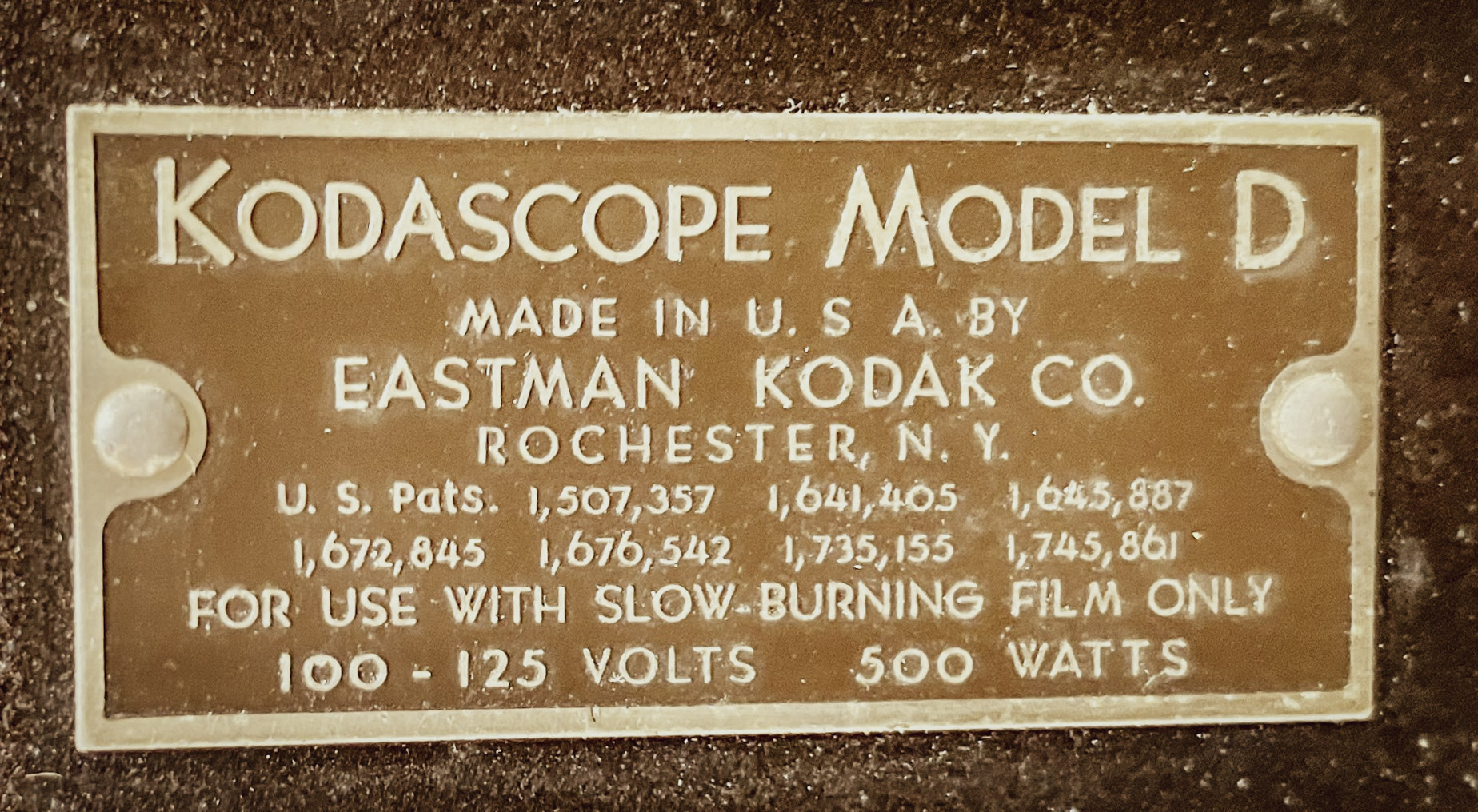 Eastman Kodak Kodascope Model D manufacturer's plate