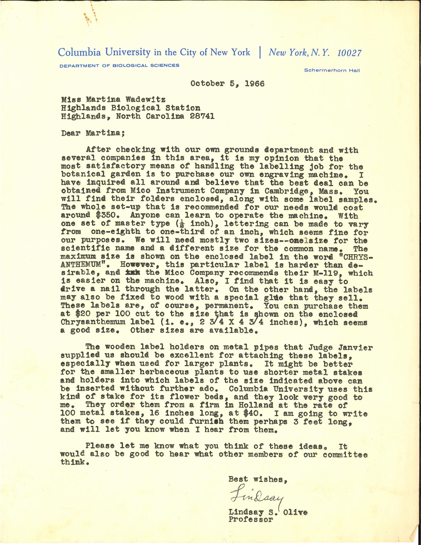 Typed letter on Columbia University letterhead from Lindsay S. Olive to Martina Wadewitz, October 5, 1966, recommending the purchase of a Mico engraving machine.