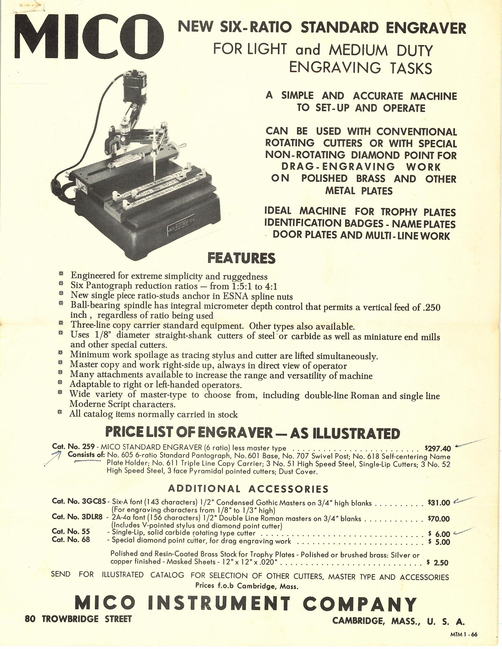 Mico Instrument Company bulletin for the New Six-Ratio Standard Engraver, with features and price list.