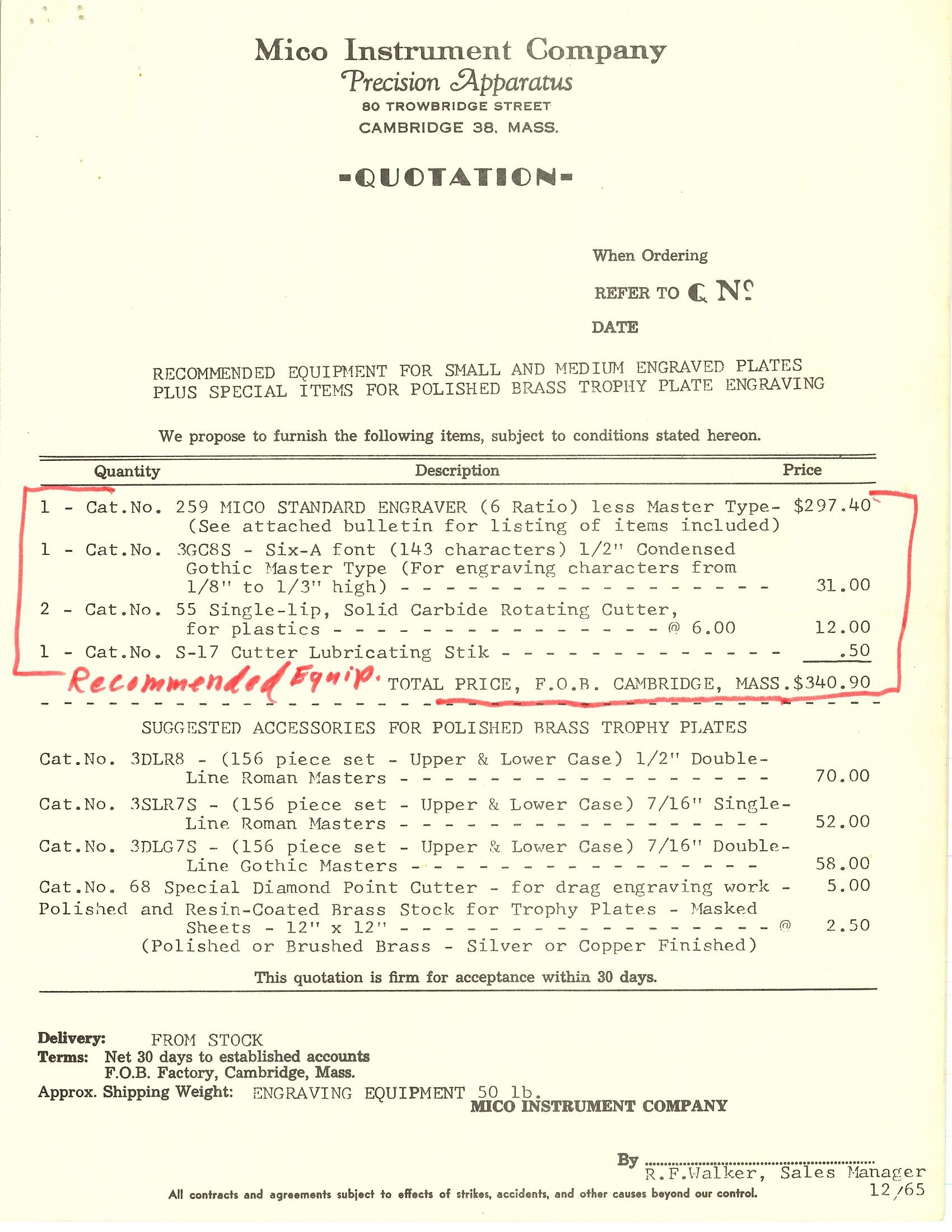 Mico Instrument Company quotation for recommended engraving equipment, totaling $340.90, annotated in red.