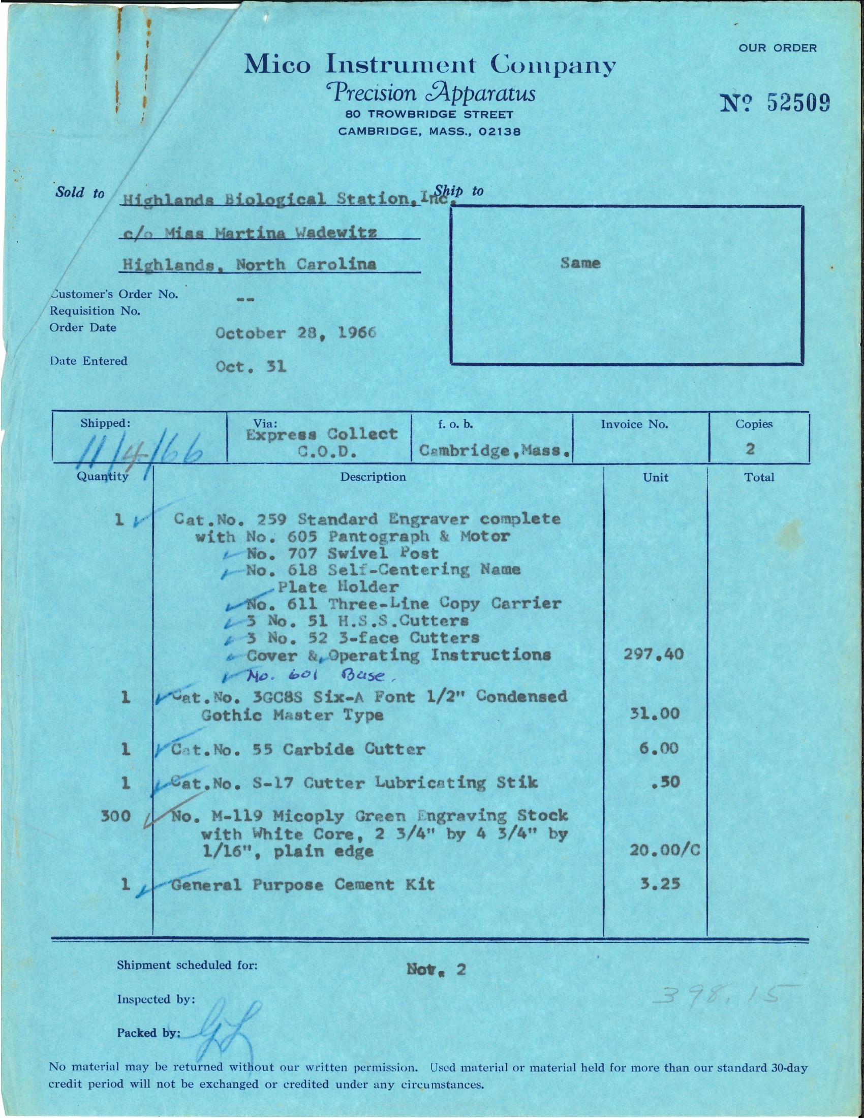 Blue Mico Instrument Company order form No. 52509, dated October 28, 1966, itemizing the engraver, font, cutters, Micoply stock and cement kit, with the total 398.15 written by hand.