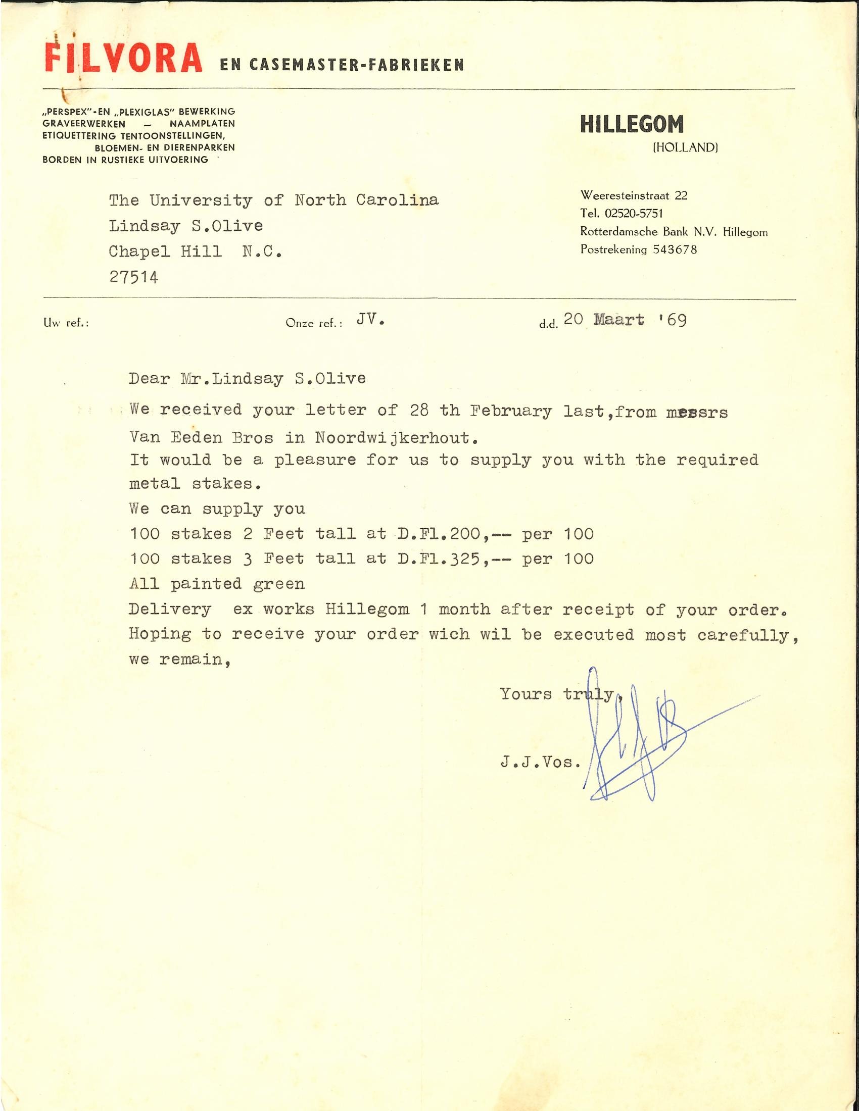 Letter on Filvora en Casemaster-Fabrieken letterhead, Hillegom, Holland, March 20, 1969, quoting two-foot and three-foot metal stakes, all painted green.