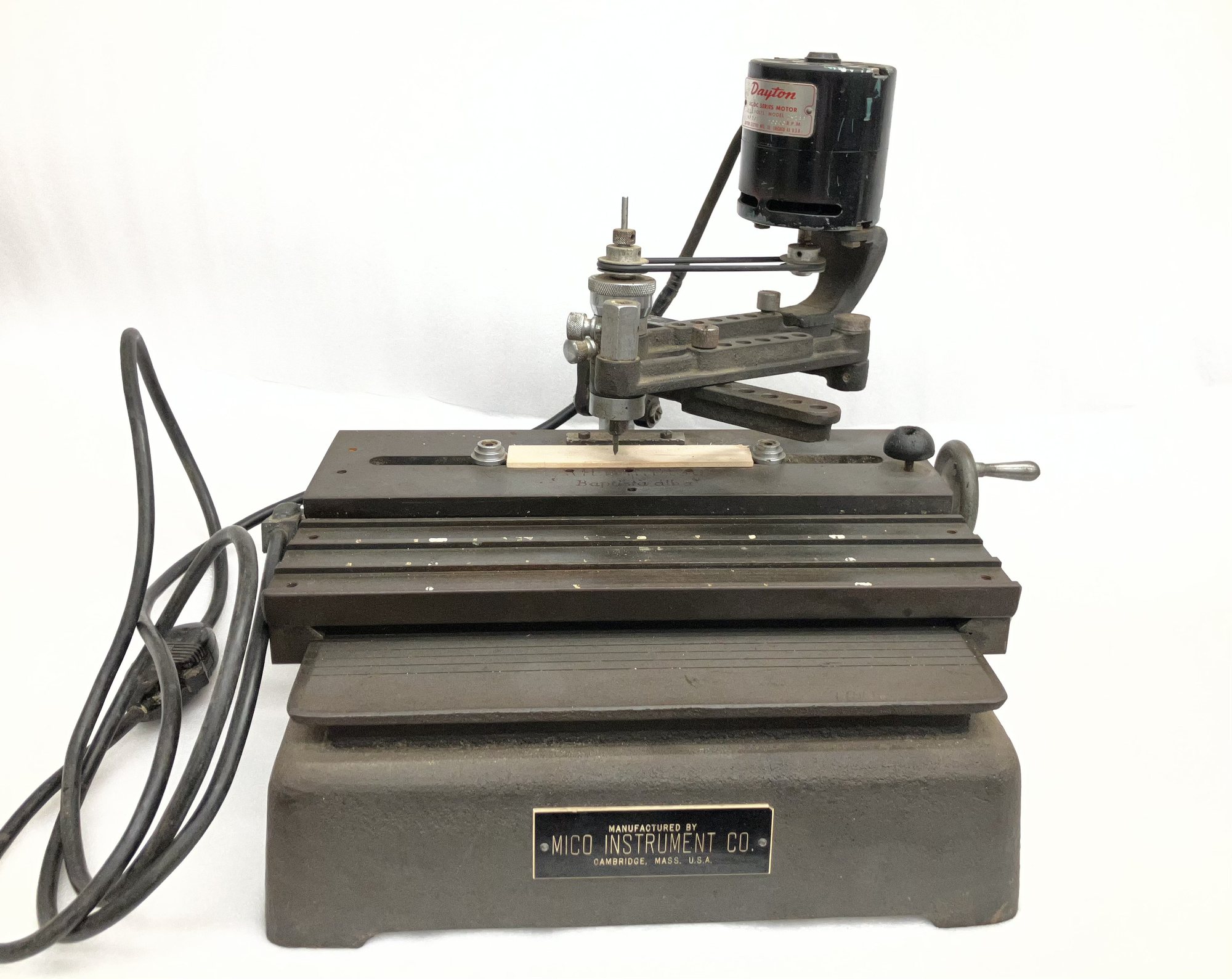 The Mico Standard Engraver as it survives at Highlands Biological Station, its cast base carrying the maker's plate reading Manufactured by Mico Instrument Co., Cambridge, Mass.