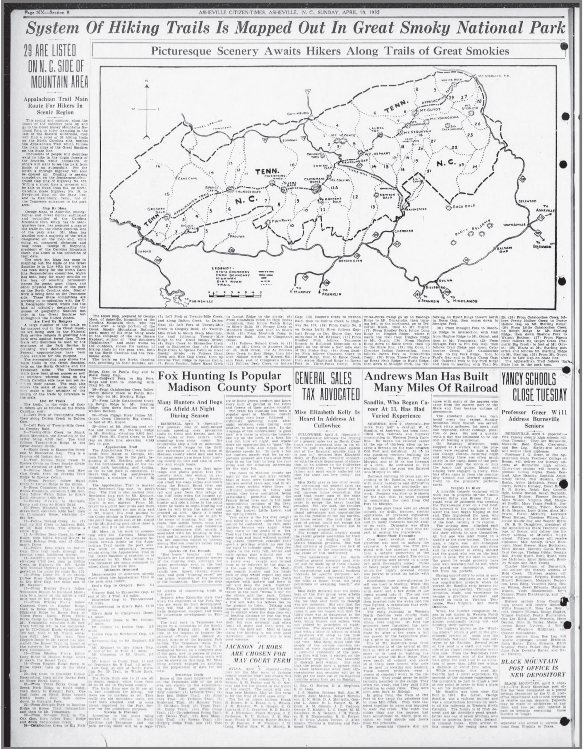 The full newspaper page: Asheville Citizen-Times, Sunday April 10, 1932, page 14 of section B, headed 'System Of Hiking Trails Is Mapped Out In Great Smoky National Park,' with Masa's map above columns listing all twenty-nine trails.