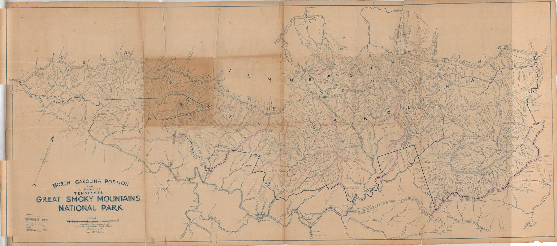North Carolina Portion and a Part of Tennessee, Great Smoky Mountains National Park — Carolina Mountain Club, January 1932, from Masa's survey.