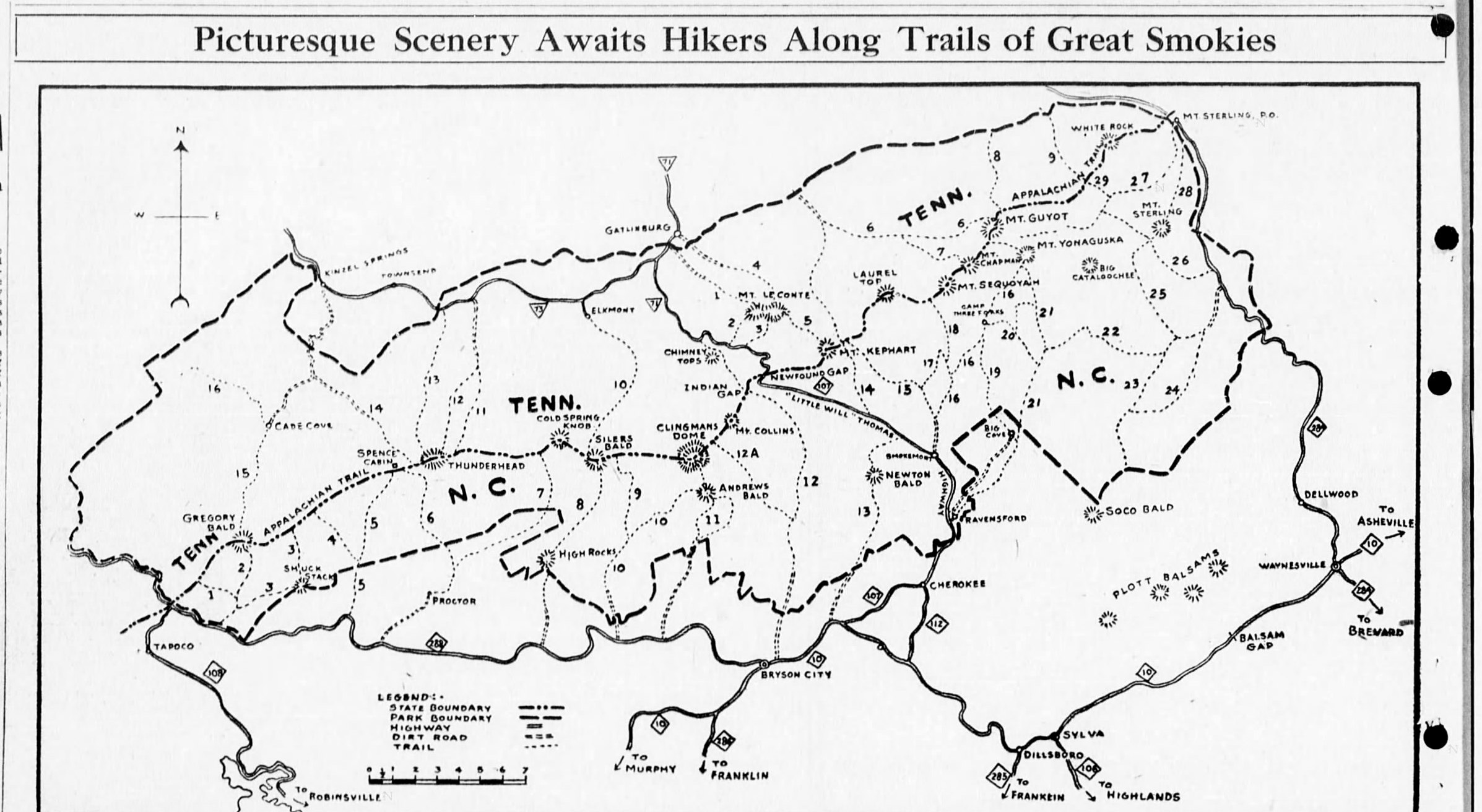 George Masa's map of the Great Smoky Mountains National Park as printed in the Asheville Citizen-Times, showing the numbered hiking trails on the North Carolina side, the Appalachian Trail along the state line, and peaks including Clingmans Dome, Mt. Le Conte and Mt. Guyot.