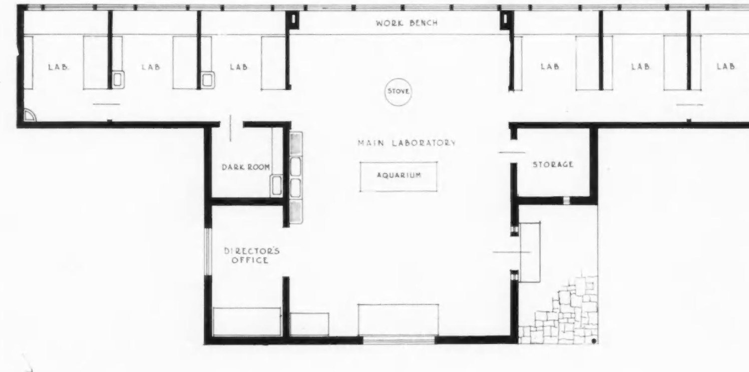 Floor plan of the Weyman Laboratory: six small labs along the north wall, a central main laboratory with stove and aquarium, a dark room, the director's office, and storage.