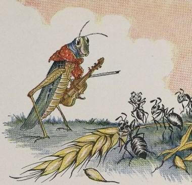 Milo Winter’s 1919 illustration: a grasshopper in a red kerchief plays the fiddle while ants haul a stalk of wheat past him.