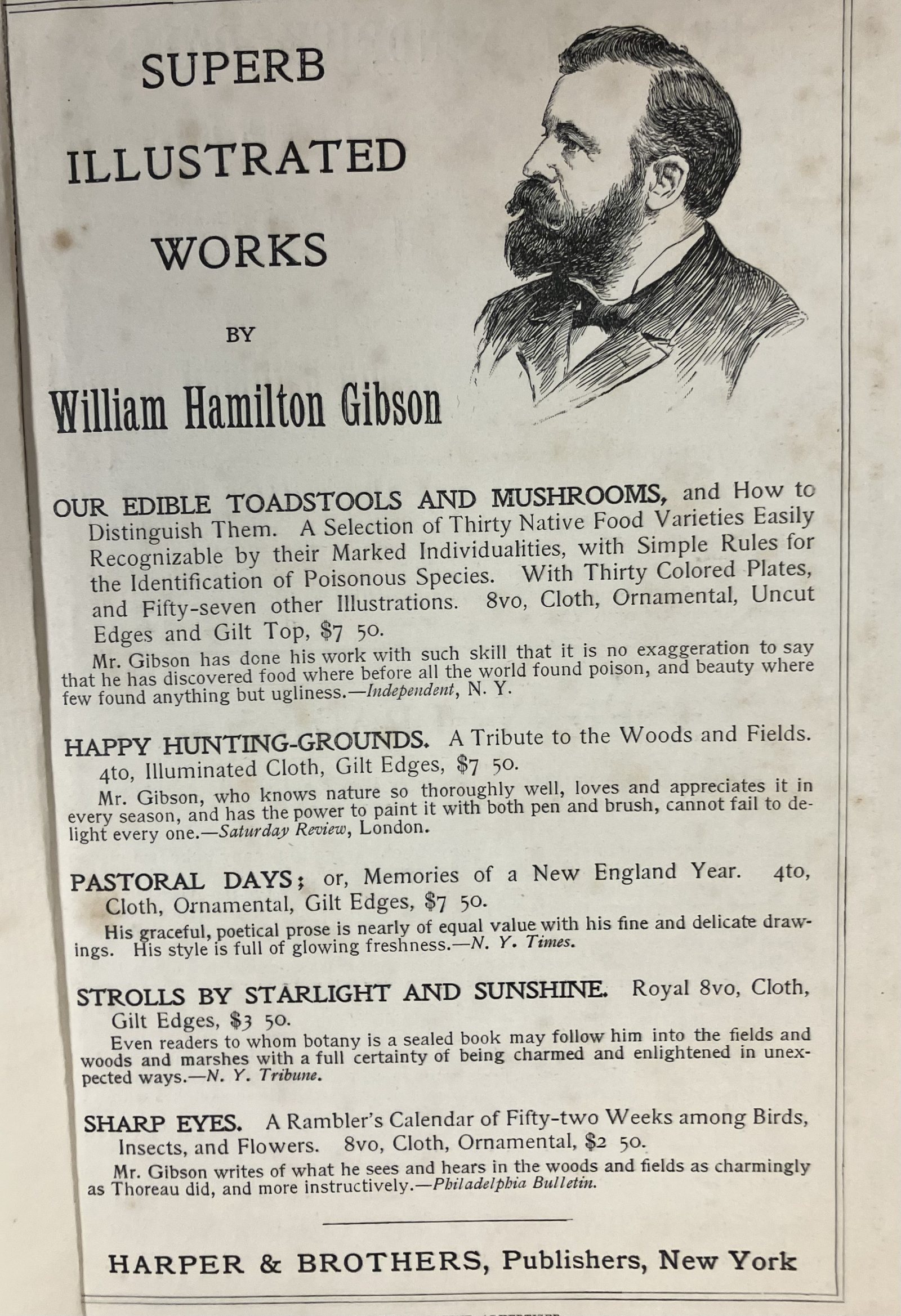 Harper and Brothers advertisement, Superb Illustrated Works by William Hamilton Gibson, listing Our Edible Toadstools and Mushrooms at seven dollars fifty, with an engraved portrait of Gibson