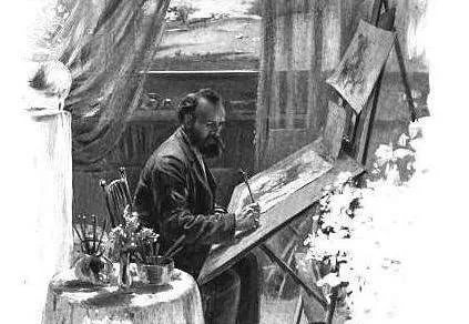 Engraving of Gibson seated at his easel in his studio, painting