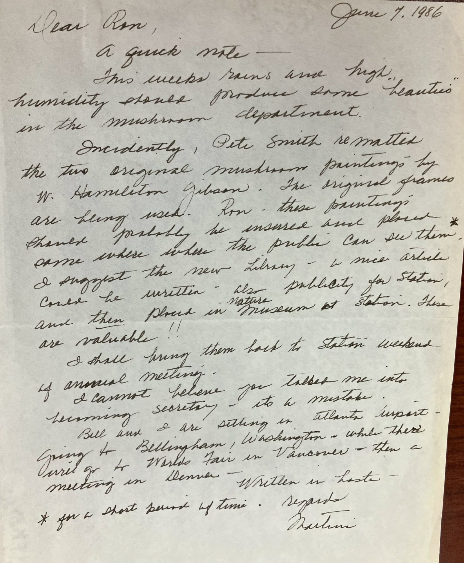 Handwritten letter from Martina Haggard to Ron Petersen, dated June 7, 1986