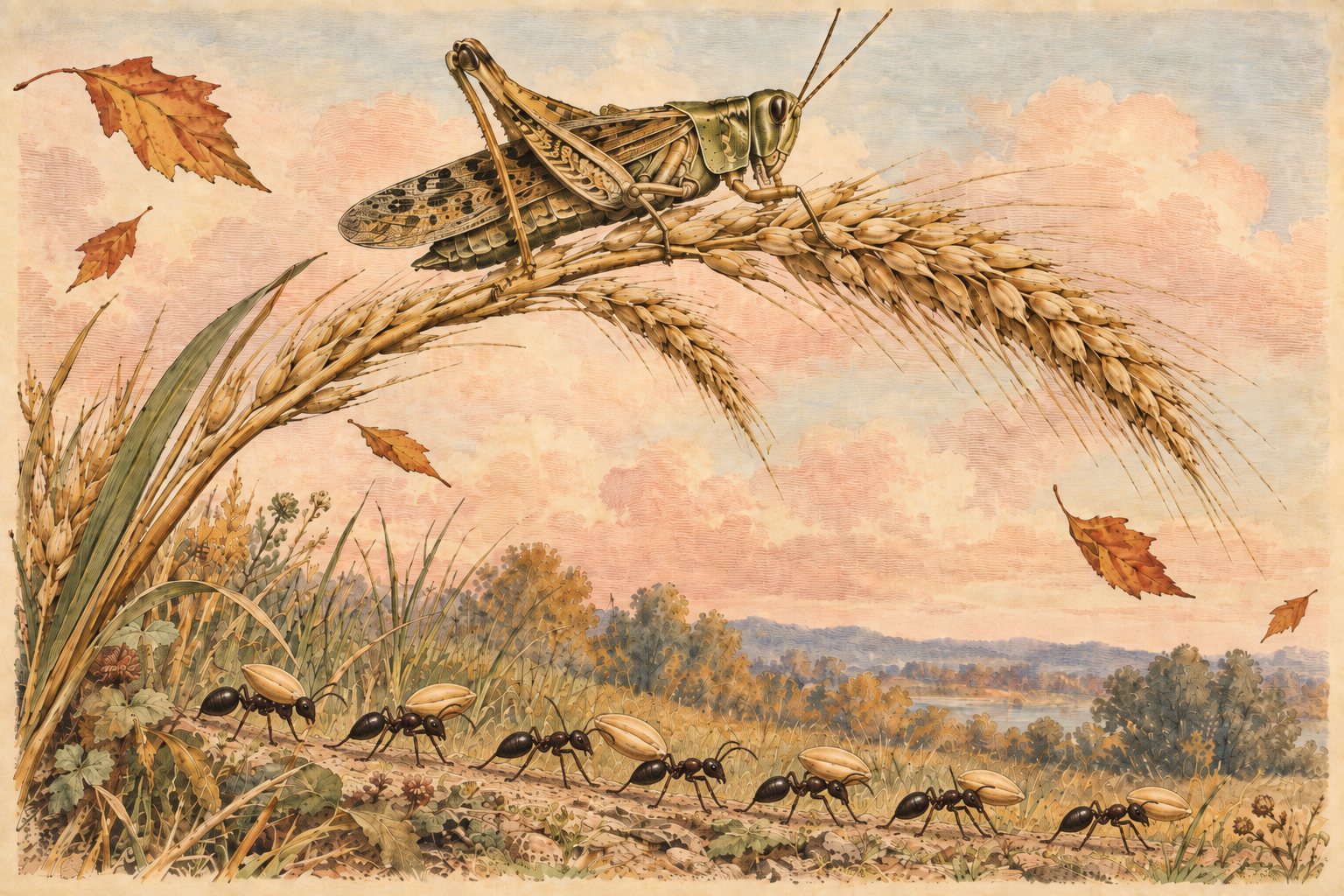 A grasshopper perched on an arching stalk of ripe wheat, while a line of ants carries grain along the path below.