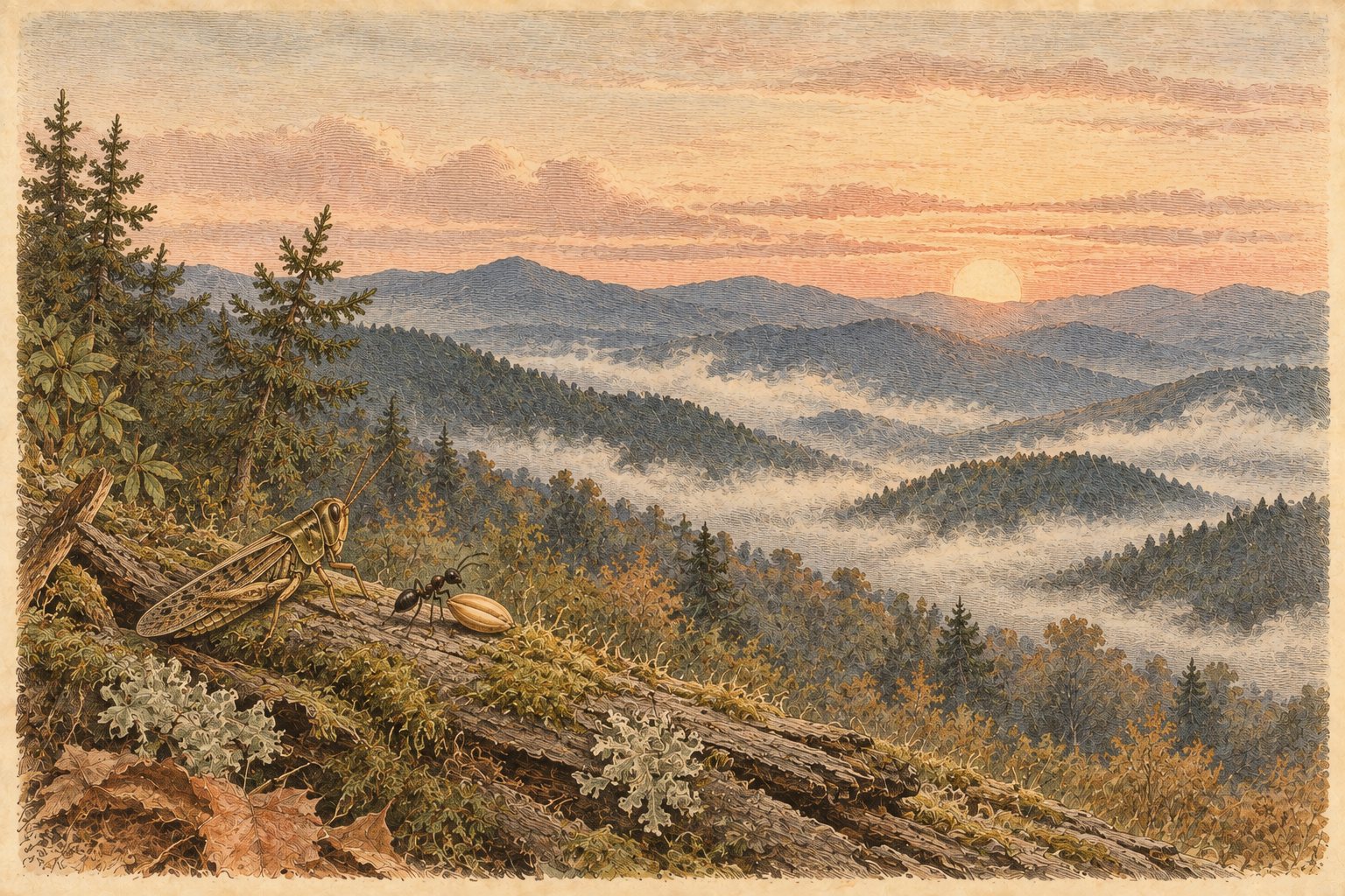Fog lifting from Blue Ridge valleys at sunrise, while a grasshopper and an ant rest together on a mossy log.