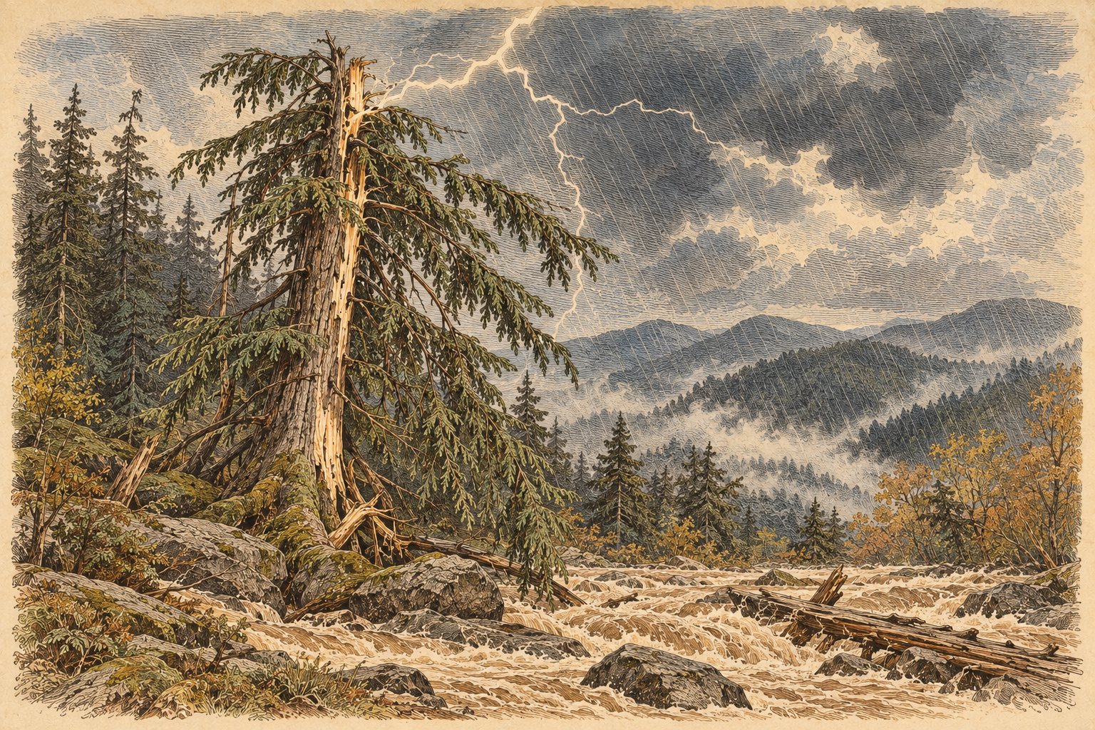 A hemlock split by lightning in a mountain storm, with rain and rushing floodwater.