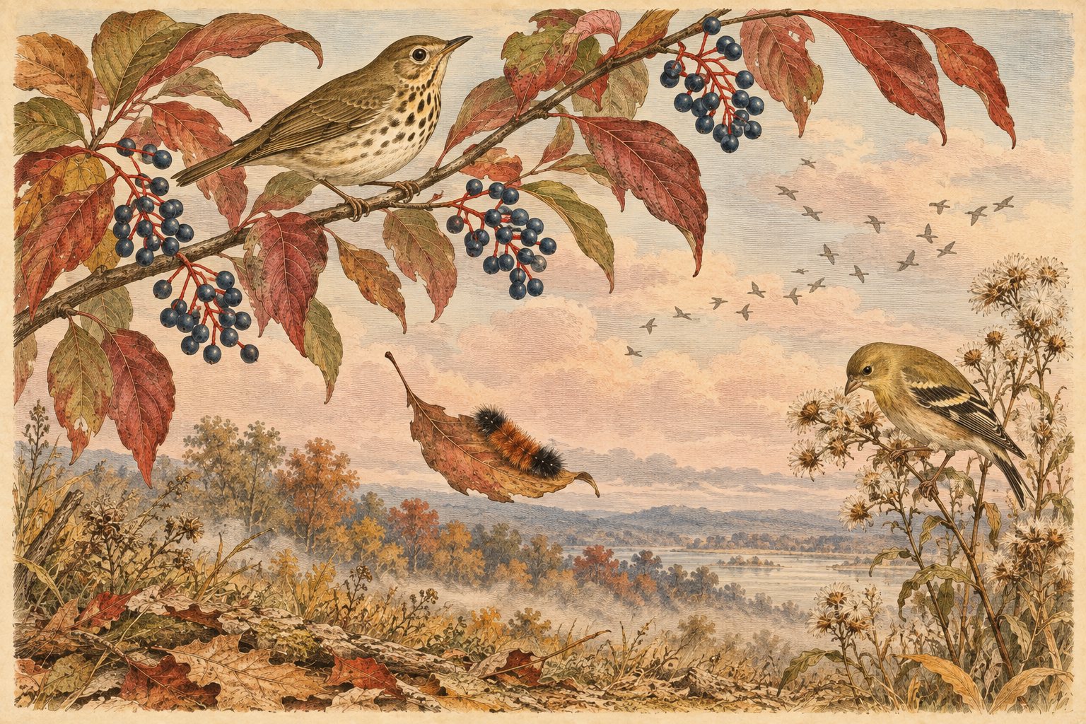 A thrush among blue-black dogwood fruit, a goldfinch on aster seedheads, a flock of migrants, and a woolly bear riding a falling leaf.