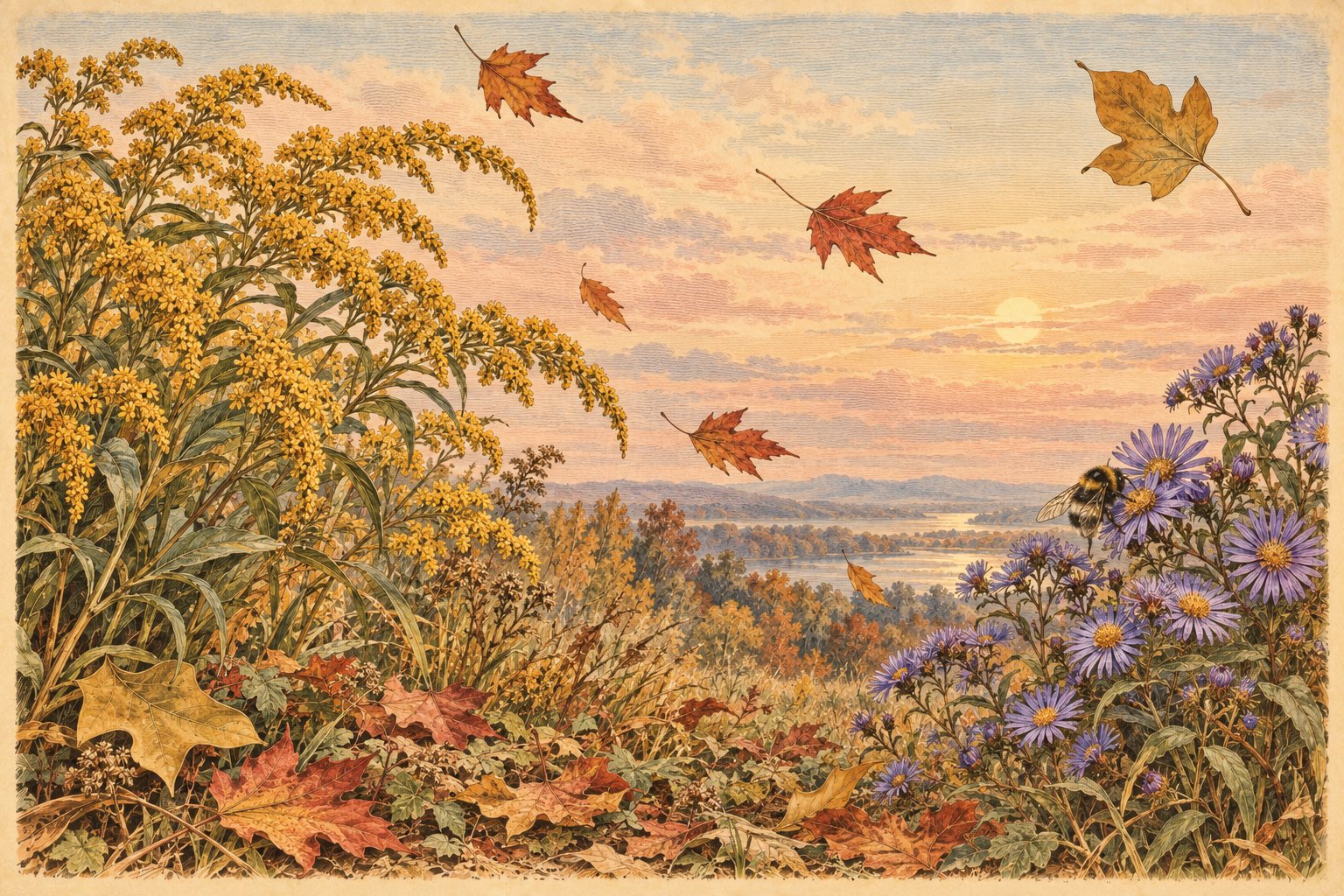 Goldenrod and purple asters in full bloom with a bumblebee, as maple leaves fall across a sunset sky.