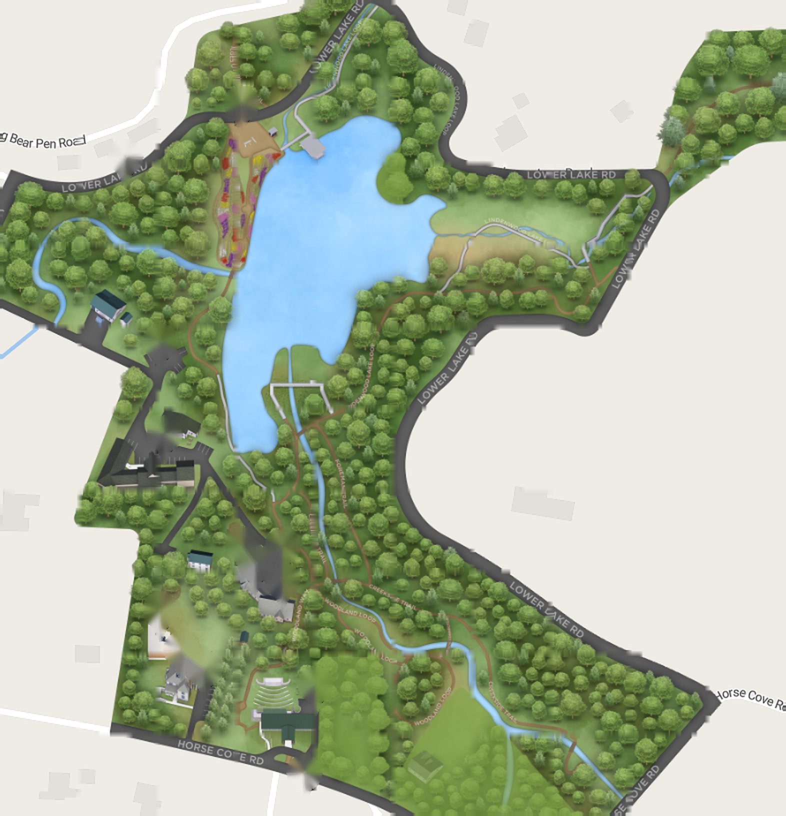 Illustrated map of the Highlands Biological Station campus. Lake Ravenel sits at the center, ringed by Lower Lake Road, with Horse Cove Road along the south edge. The residences cluster in the southwest corner: Valentine House and the Duplex near Horse Cove Road, and the Deacon, Wright, and Howell cottages just north of the Nature Center.
