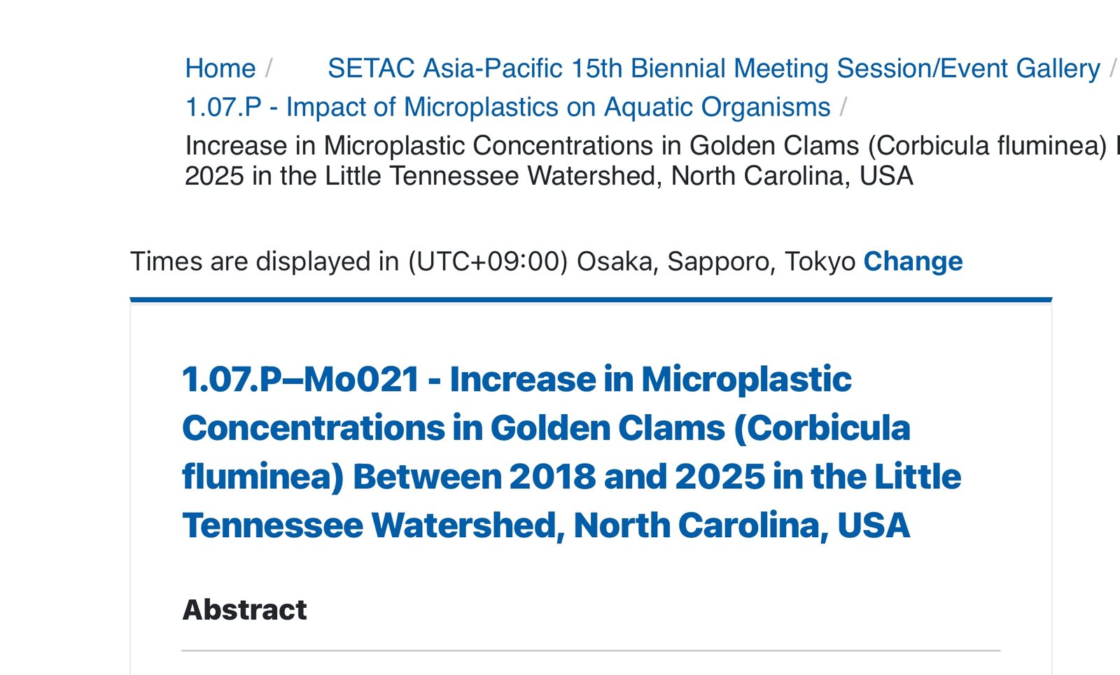 A page from the SETAC Asia-Pacific 15th Biennial Meeting online program, listing presentation 1.07.P-Mo021, Increase in Microplastic Concentrations in Golden Clams (Corbicula fluminea) Between 2018 and 2025 in the Little Tennessee Watershed, North Carolina, USA, in the session Impact of Microplastics on Aquatic Organisms.